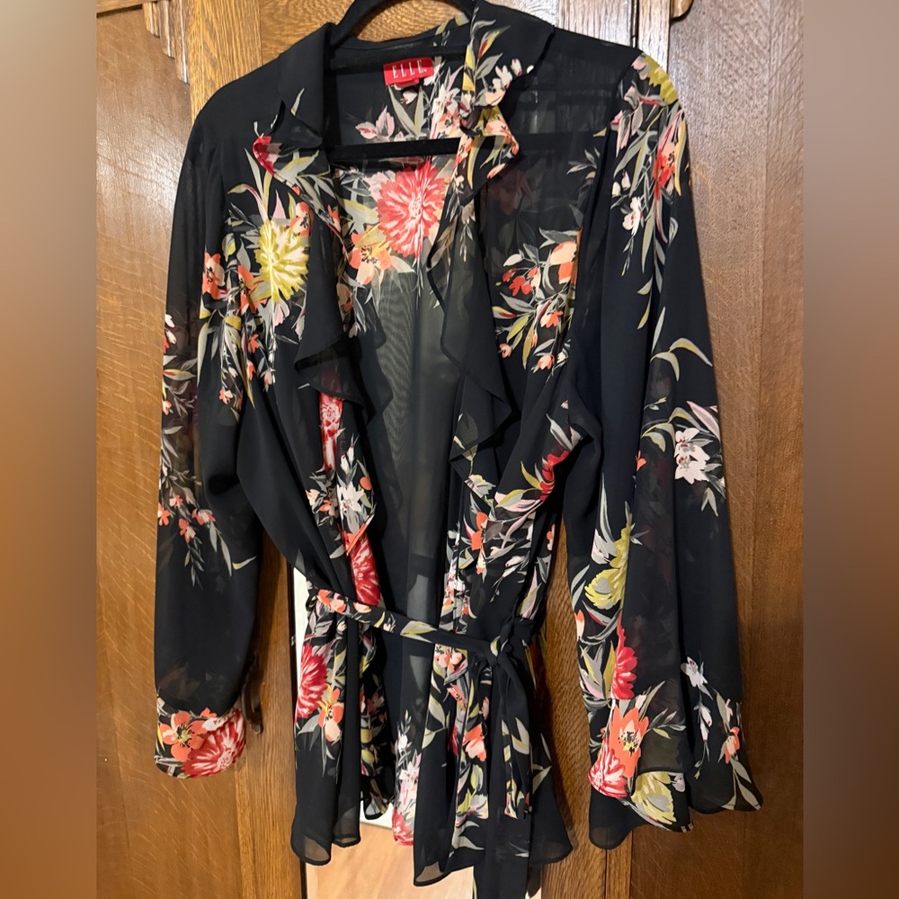 Elle Black Floral Sheer Wrap Blouse 2X